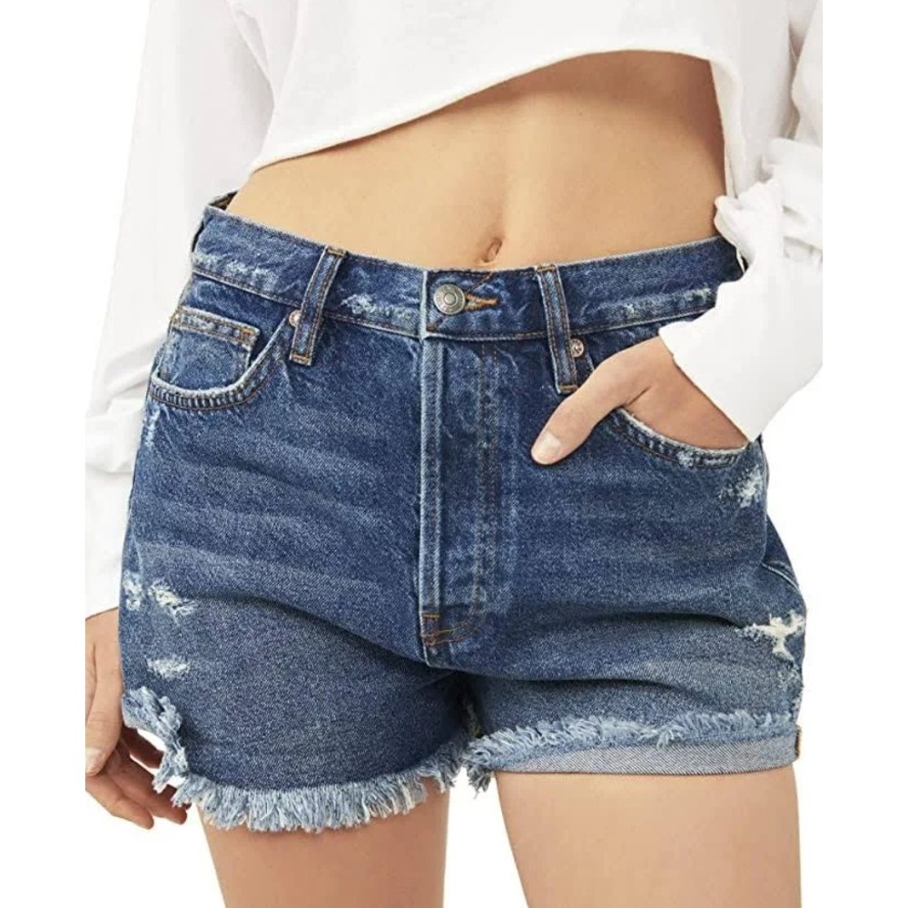 WE THE FREE Distressed High Rise Denim Shorts Festival Raw Hem Blue Sz 28